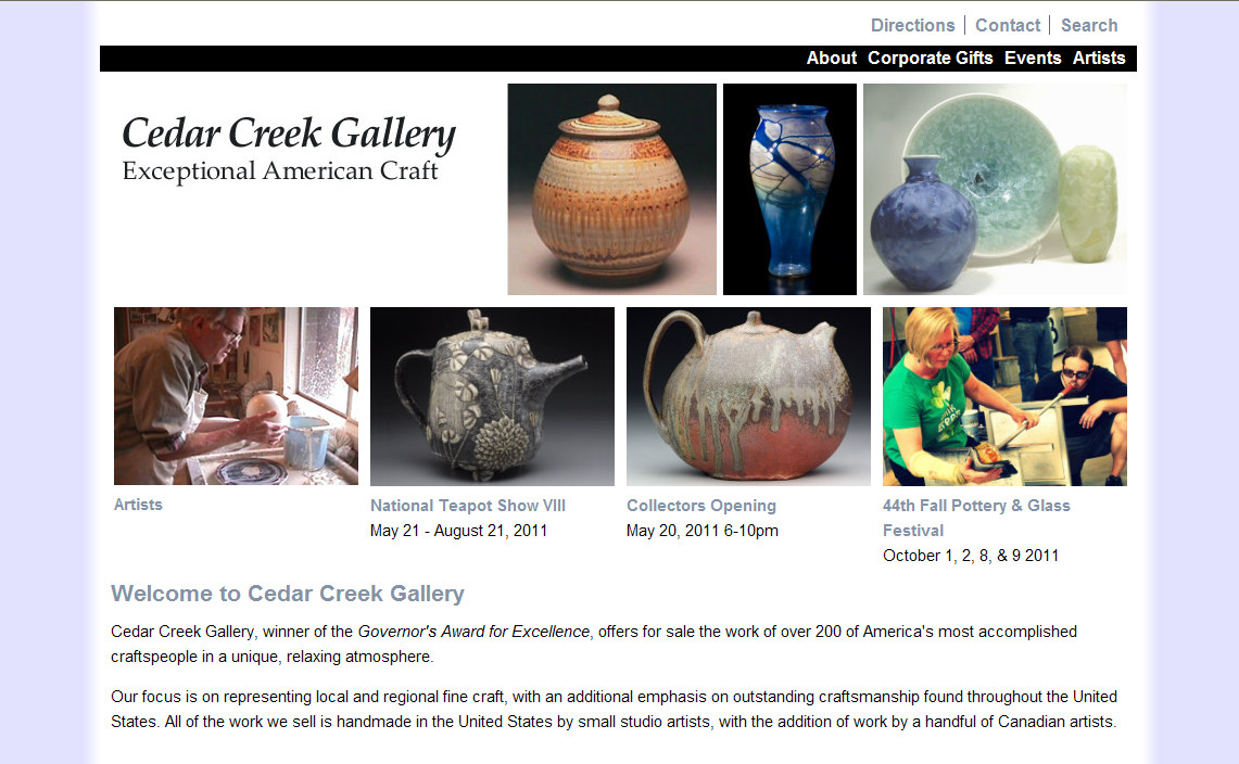 Image of Cedar Creek Gallery's old home page